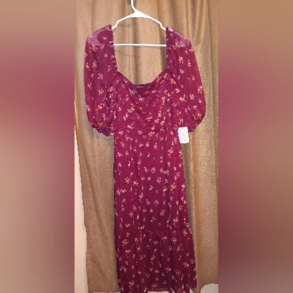 Red Sundress with Puff Sleeves and Square Neckline